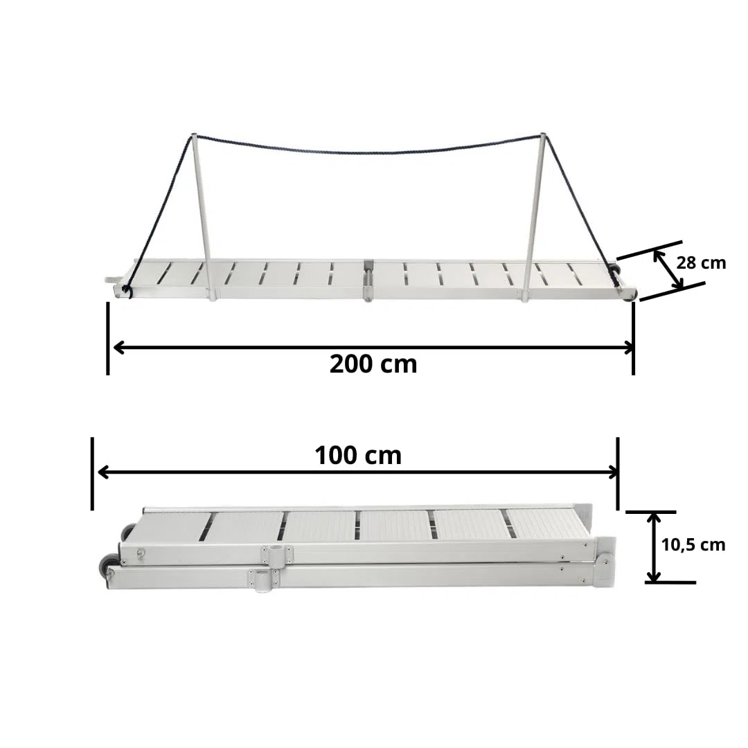 Pasarela de Aluminio para Barco, 2 Metros de Longitud, Plegable en Dos tramos, Ligera y Resistente con Ruedas. BP