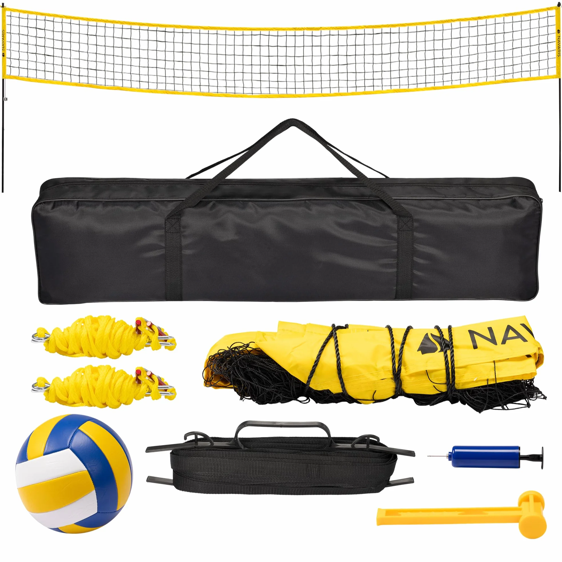 Navaris Red Voley Portatil - Set Completo de Red de Voleibol Portatil - con Bolsa de Transporte Pelota Bomba y Líneas Delimitadoras - Red de Voley Playa Hierba - Volleyball Net