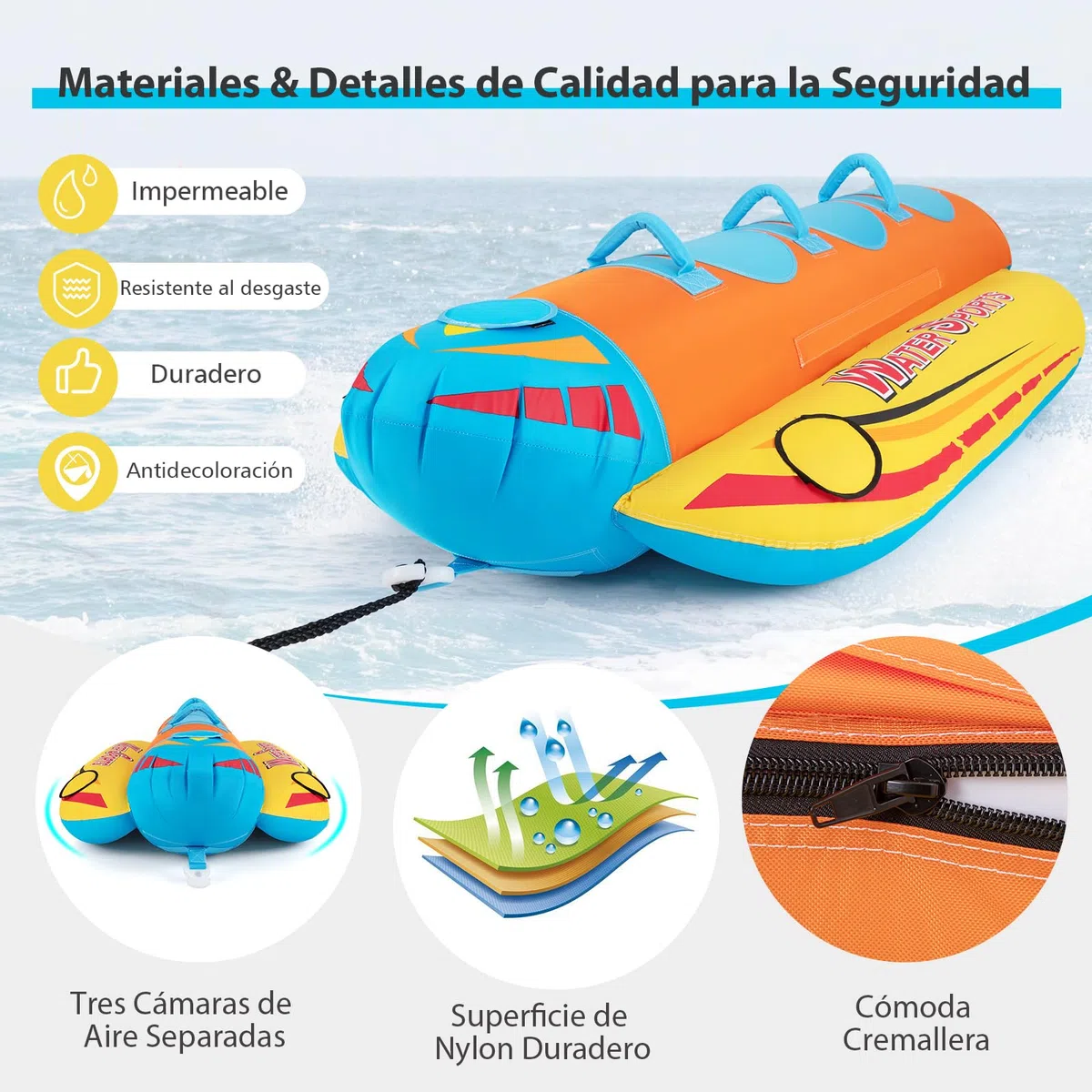 COSTWAY Tubo Remolcable para 1-3 Pasajeros, Bote Banana Inflable para Paseos y Deportes Acuáticos, Recreación con 3 Asientos y Manijas Acolchados de EVA, Kit de Reparación Incluido