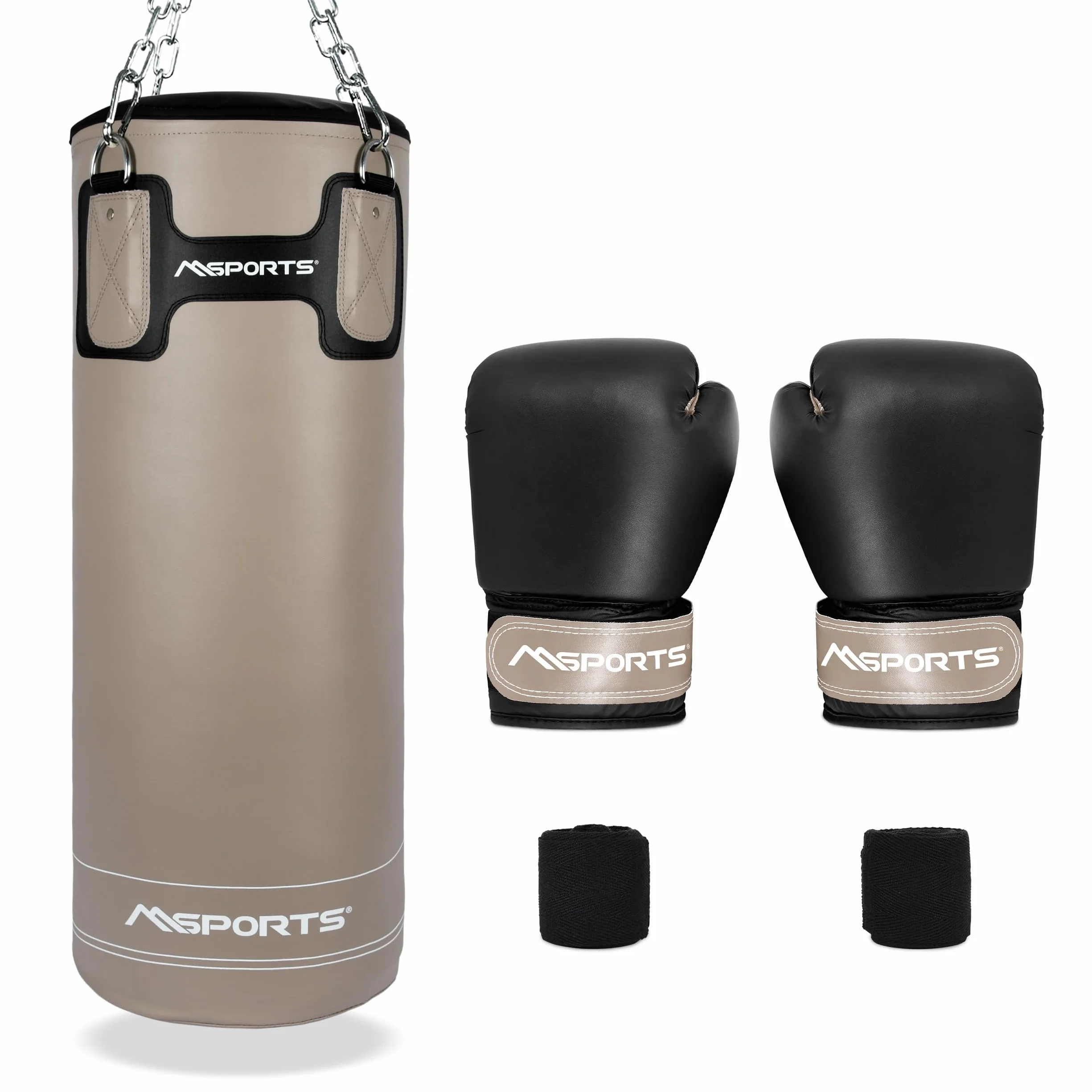 MSPORTS Juego de Saco de Boxeo (25 kg), Color Beige y Negro