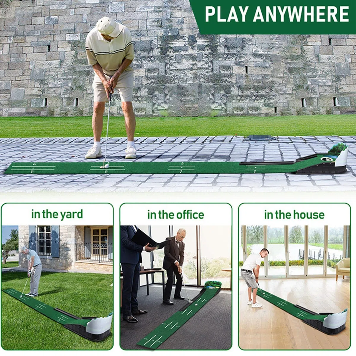 Putting Green Mat, Golf Putting Mat | Alfombra Verde para Interiores y Exteriores - Base de Madera Maciza para Uso en Interiores y Exteriores de Terciopelo con Retorno automático de Bola para Hombres