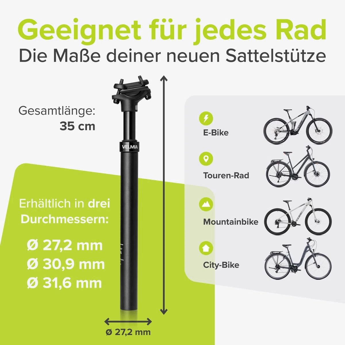 Tija de sillín con suspensión VELMIA 27,2-31,6mm - Aluminio - Negro - Para todo tipo de bicicletas - Alivio para la columna vertebral, montaje fácil