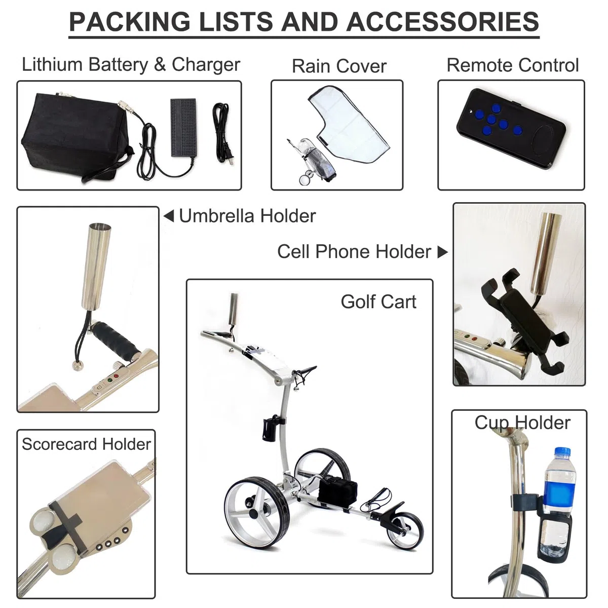 Carrito de golf eléctrico de 3 ruedas con control remoto, plegable con soporte para teléfono celular y soporte para paraguas, carrito de doble motor para un fácil transporte de golf