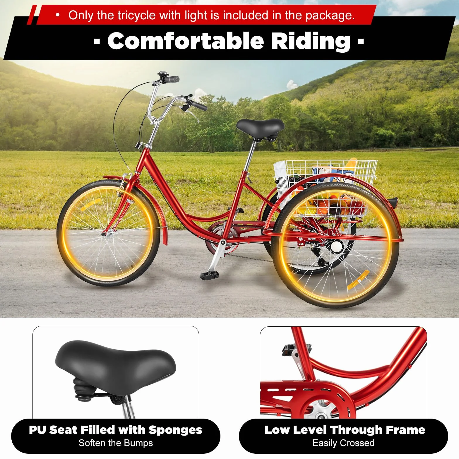 Triciclo rojo para adultos, bicicleta de 3 ruedas de 24 pulgadas con cesta de la compra y luz, 6 velocidades bicicleta de carga para personas mayores Triciclos de altura ajustable de tres