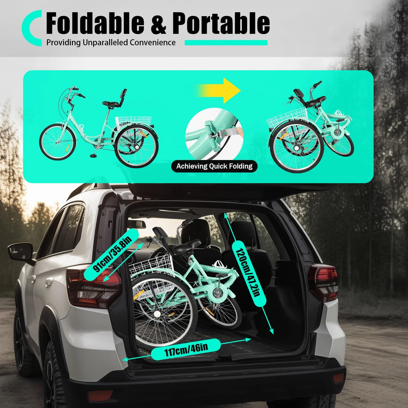 Triciclo de 24 pulgadas de 7 velocidades para adultos, bicicleta de crucero de 3 ruedas, bicicleta de carga, triciclo plegable con portavasos y cesta de verduras, ajustable para adultos