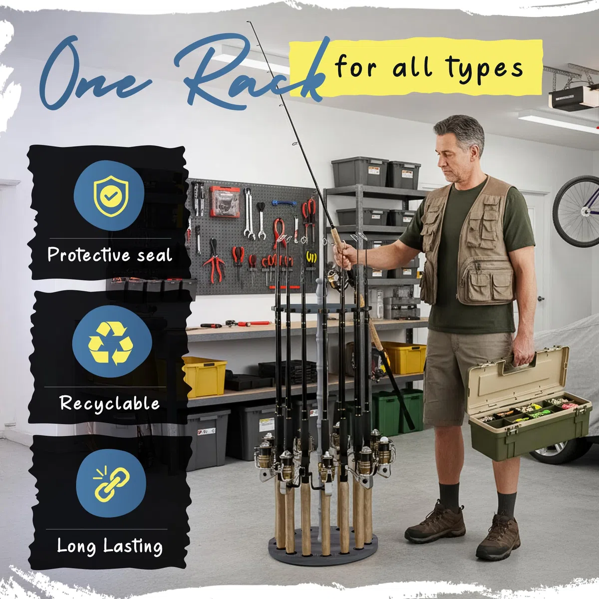 Rush Creek Creations Soporte para cañas de Pescar para 16 cañas de Pescar, para organización y Almacenamiento de Garaje, para carretes de Pesca, Equipo de Pesca, Accesorios de Pesca, Caja de Aparejos
