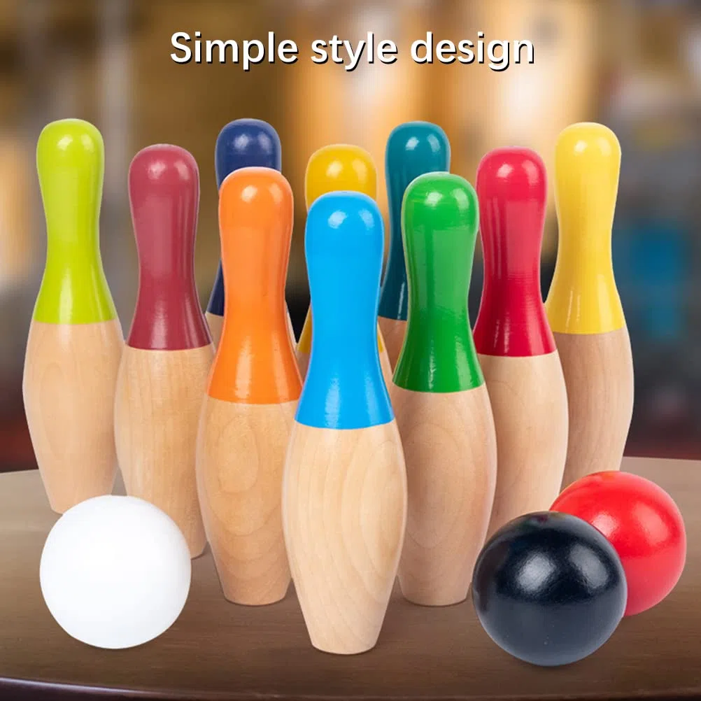 Juego de Bolos de Madera para Niños y Adultos, para Interiores y Exteriores, con 10 Bolos 3 Bolas, Juego de Patio de de Madera Portátil para el Desarrollo de Habilidades Motoras Entrenamiento