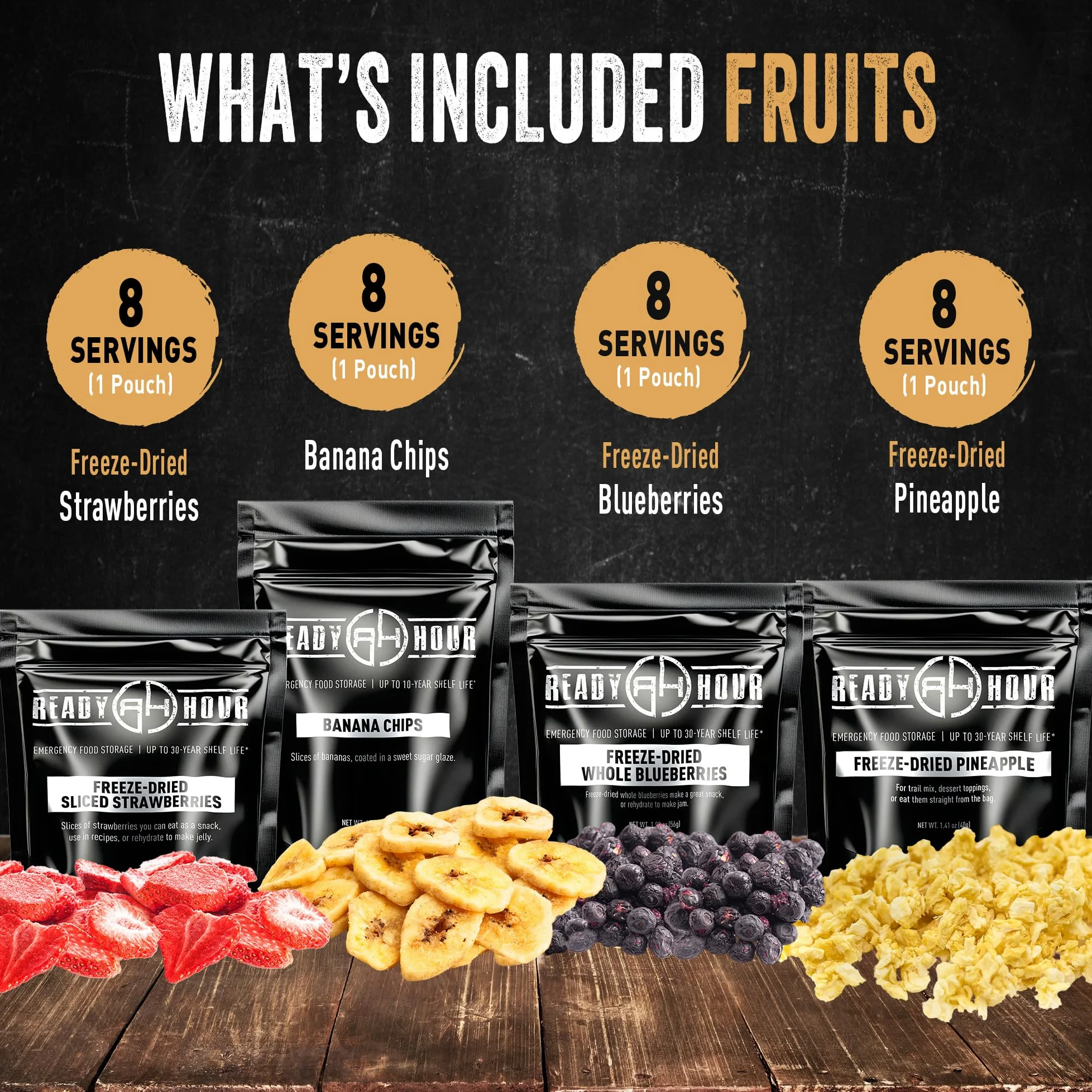 Ready Hour, Mezcla de frutas y verduras, alimentos liofilizados no perecederos, vida útil de 30 años, suministro de alimentos portátil de emergencia y aventura, recipiente duradero seguro para