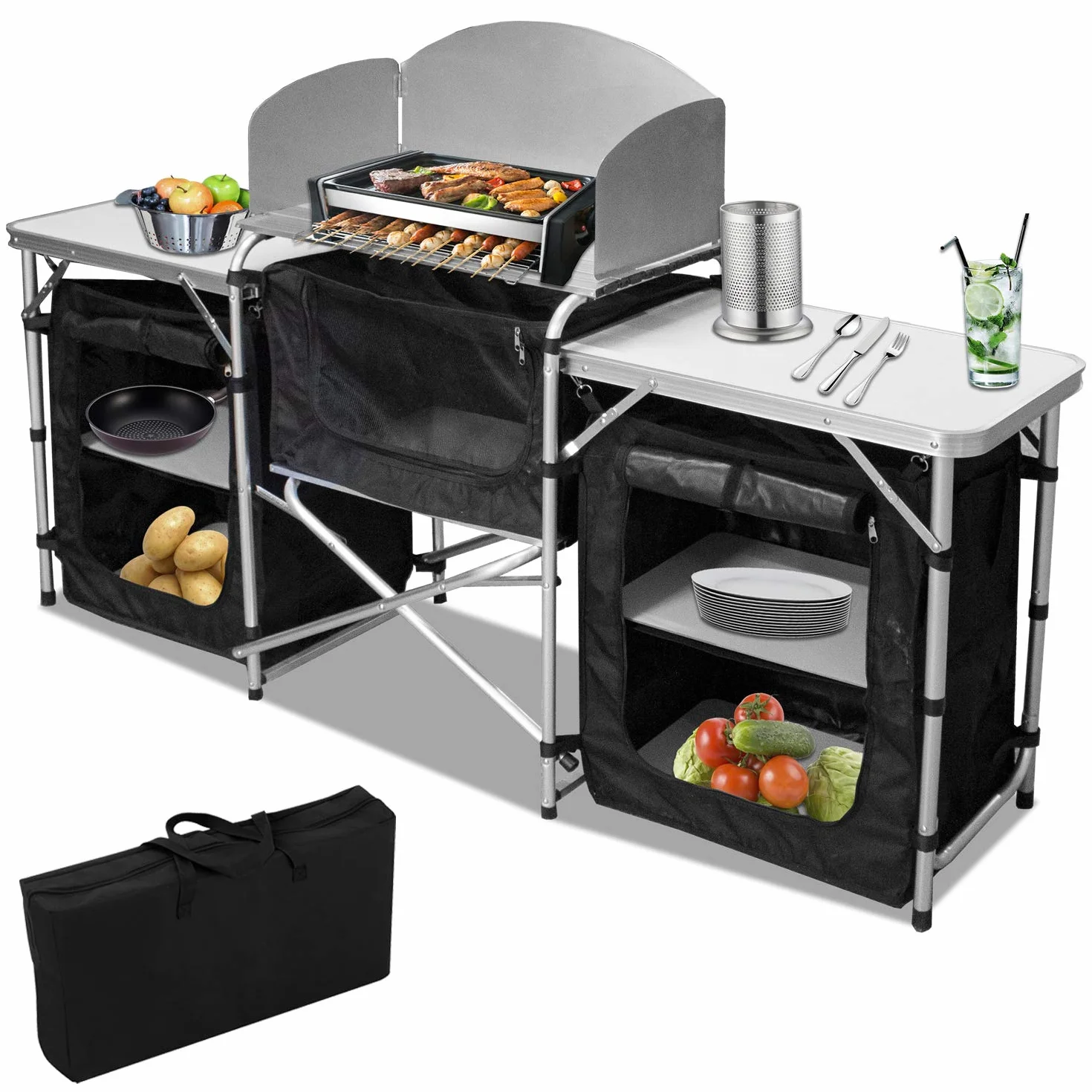 Cocina de camping con protección contra salpicaduras, armario de camping con bolsa de transporte, armario plegable con estructura de aluminio, cocina para camping al aire libre