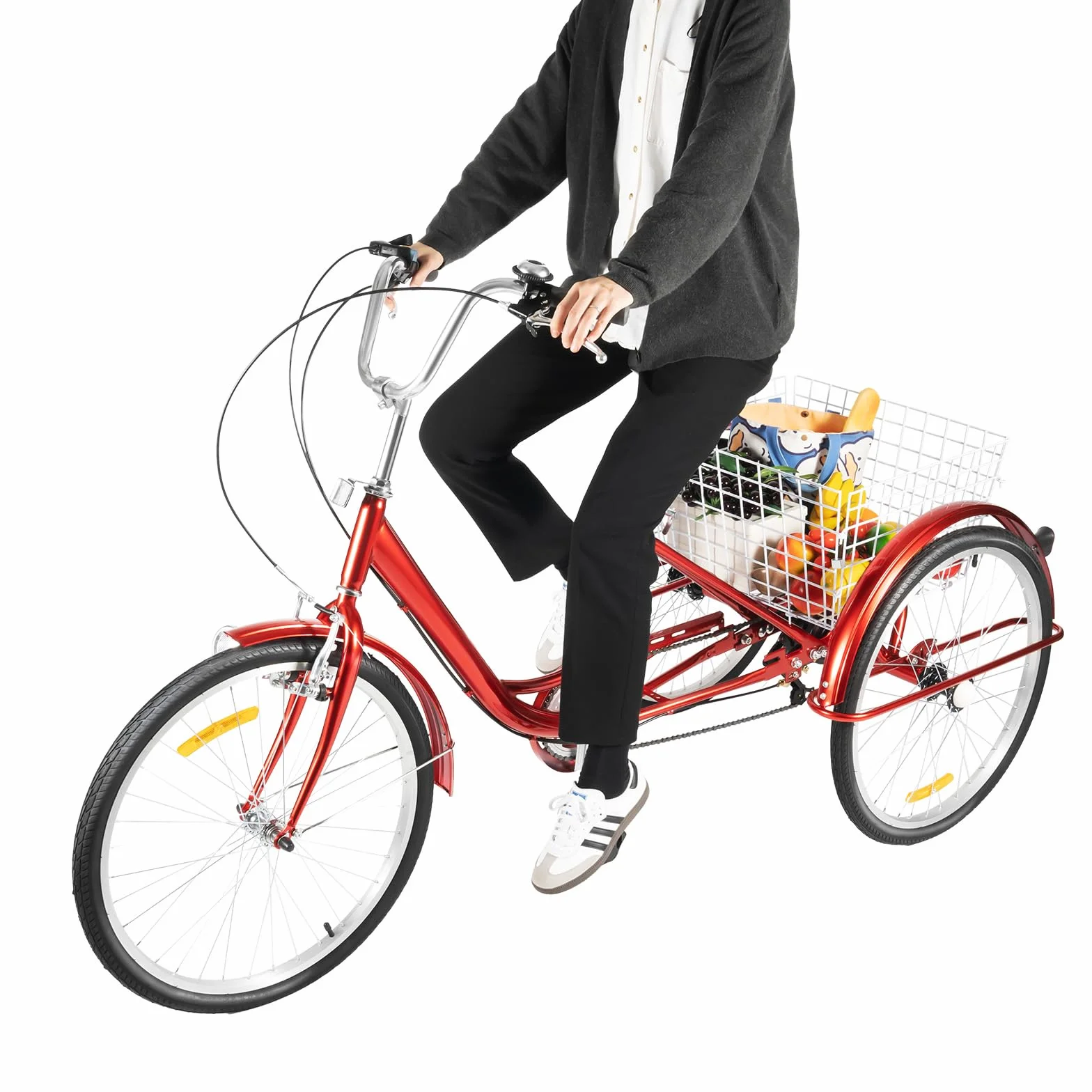 Triciclo rojo para adultos, bicicleta de 3 ruedas de 24 pulgadas con cesta de la compra y luz, 6 velocidades bicicleta de carga para personas mayores Triciclos de altura ajustable de tres