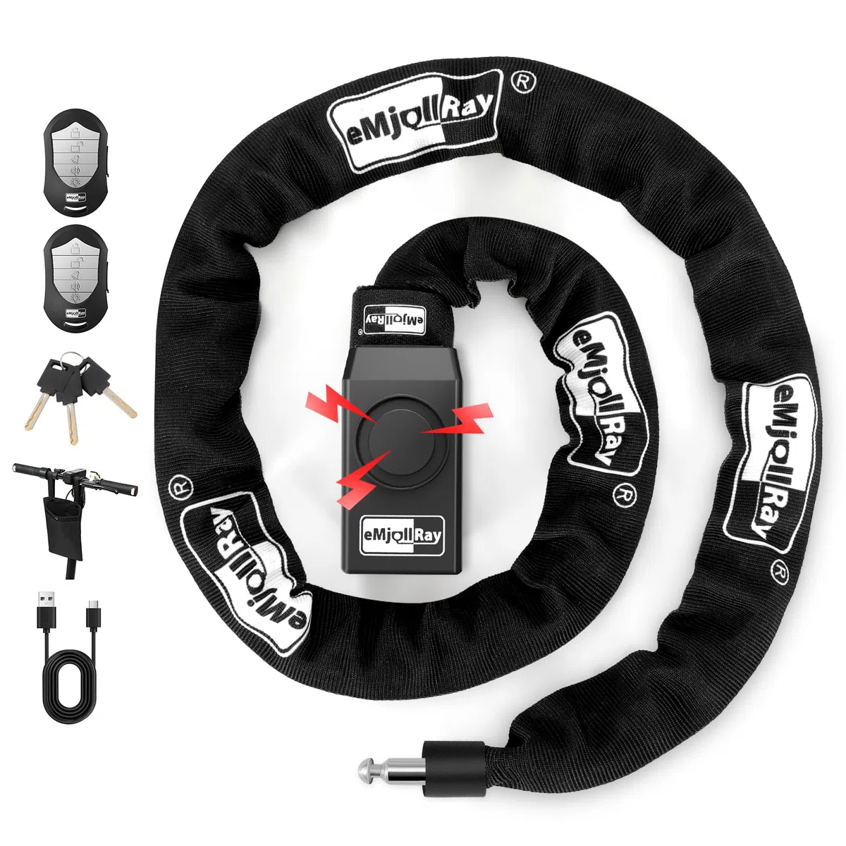 Candado de bicicleta con alarma de 120 cm, 110 dB, sistema de alarma para bicicleta eléctrica, motocicleta, candado con 2 mandos a distancia, 3 llaves, cable USB C, funda de silicona, funda