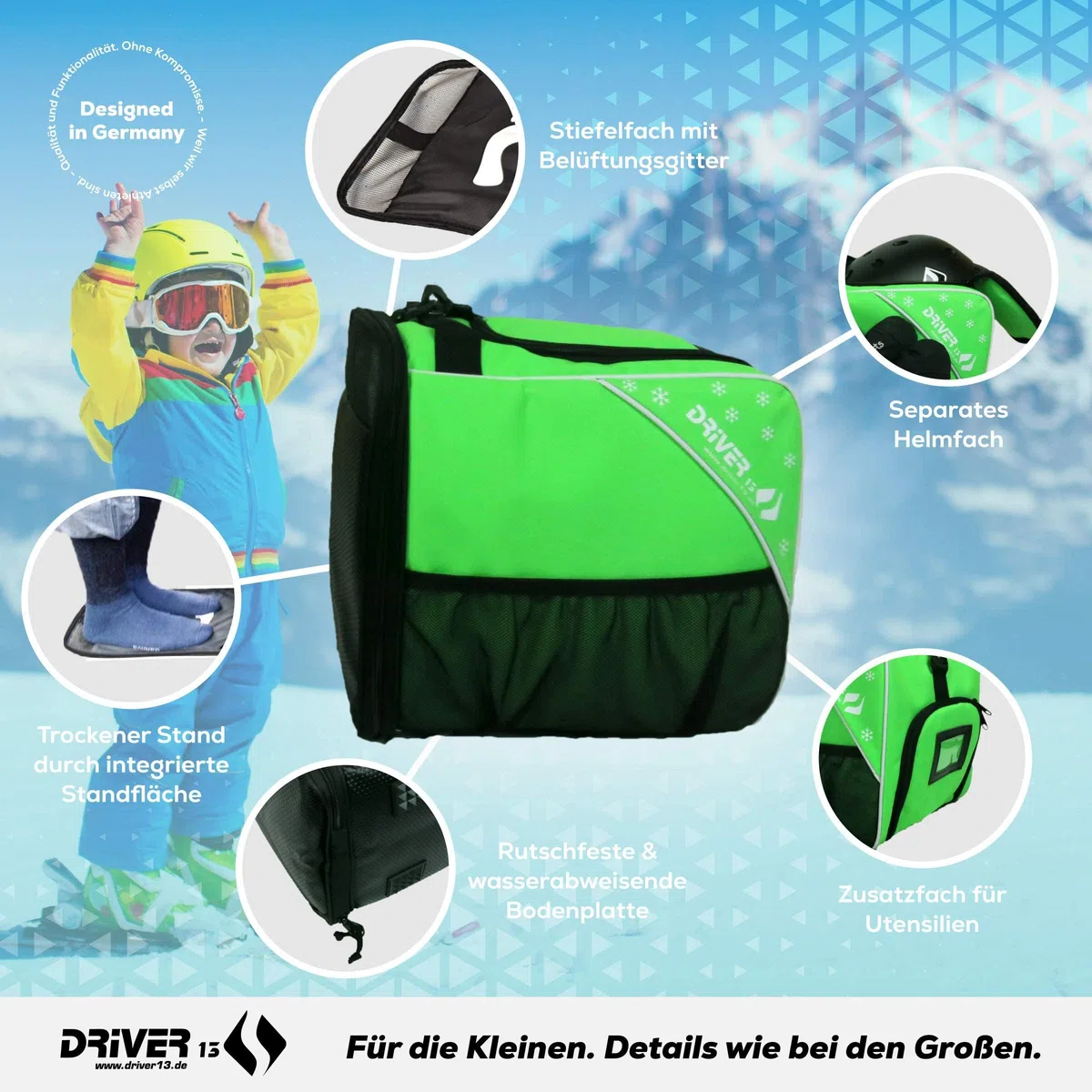 Driver13 Bolsa Infantil para Botas de esquí (bootbag), Bolsa para Botas de esquí Infantiles y Boots de Snowboard, asa de Transporte, Verde