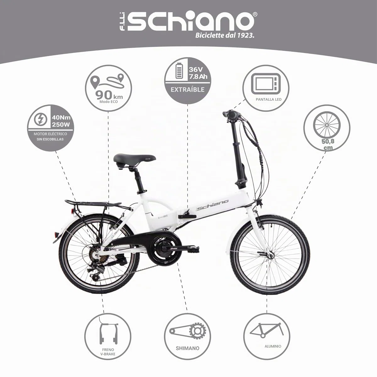 F.lli Schiano E-Sky, Bicicleta Electrica Plegable, 20", Batería 36V 7.8Ah Extraíble, Motor 250W 40Nm, Bici Electrica Urbana, Unisex Adulto