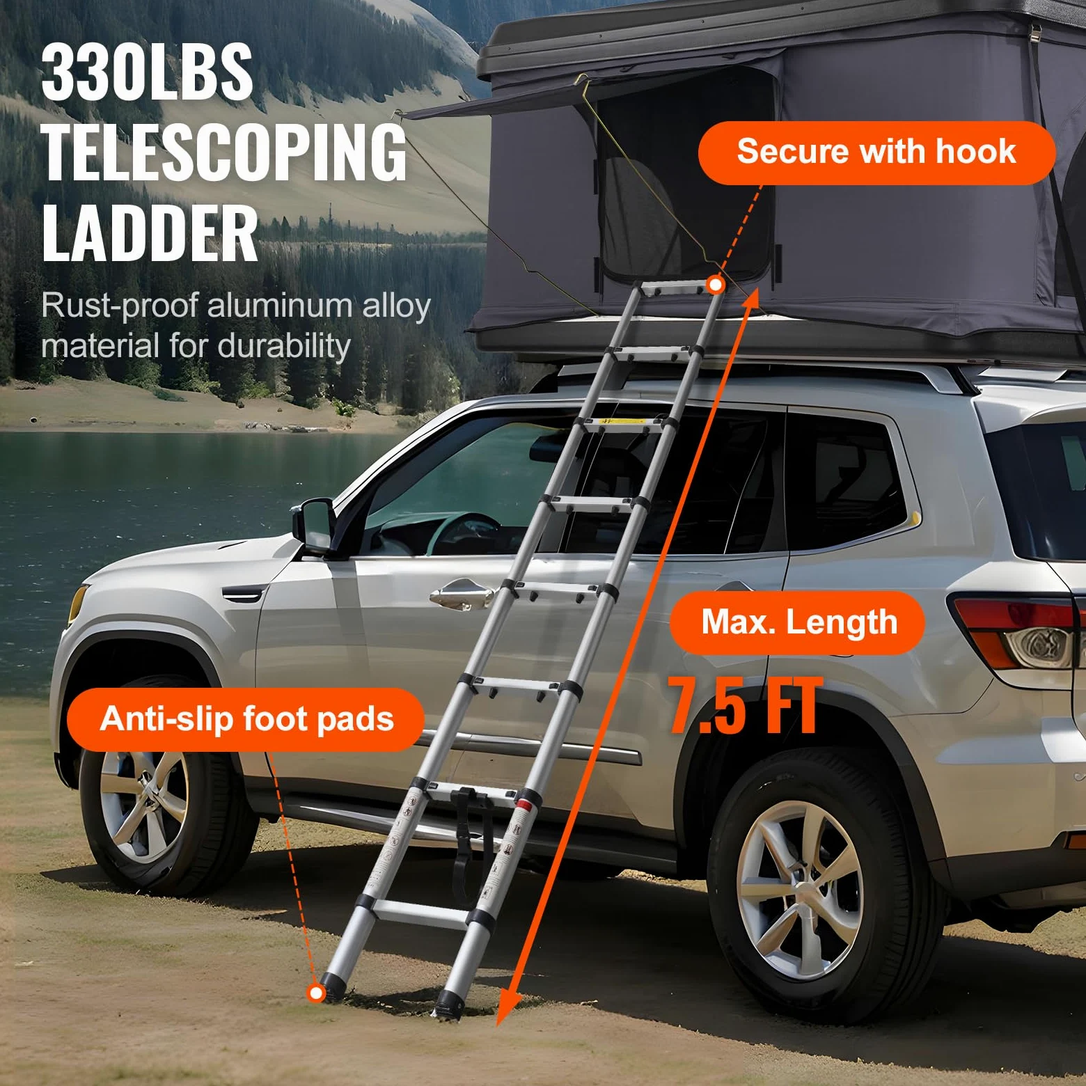 VEVOR Tienda de Techo Rígida para 2 o 3 Personas, con Escalera Telescópica y Colchón Grueso, Impermeable y Resistente al Viento para Camionetas Jeep, SUV y Furgonetas, 2140 x 1290 x 1040 mm, Negro