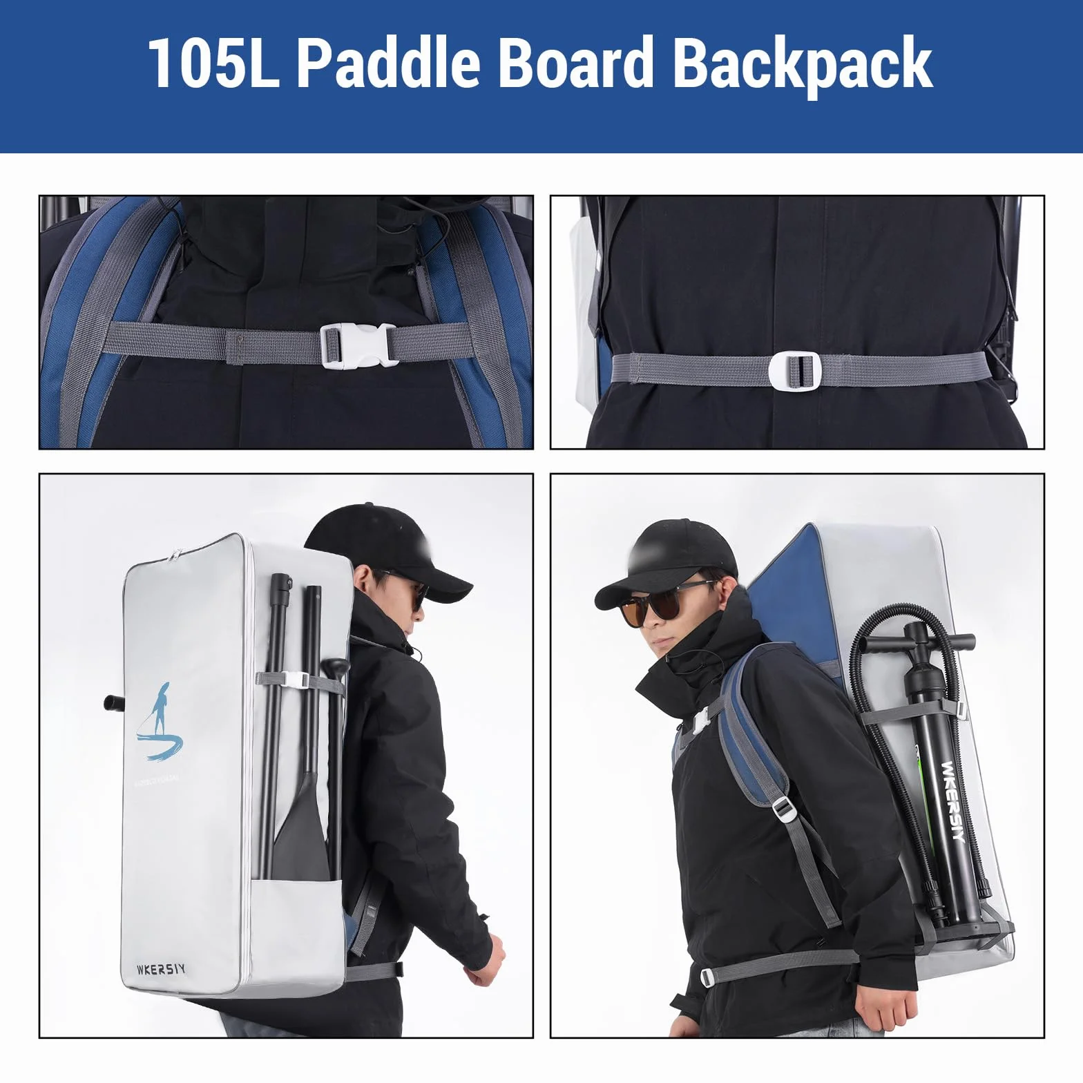 105L Paddle Board Mochila, Mochila de viaje impermeable para tabla de paddle inflable SUP Stand Up Board Bolsa de transporte Mochila de hombro Mochila portátil Oxford tela SUP Surf Bolsa