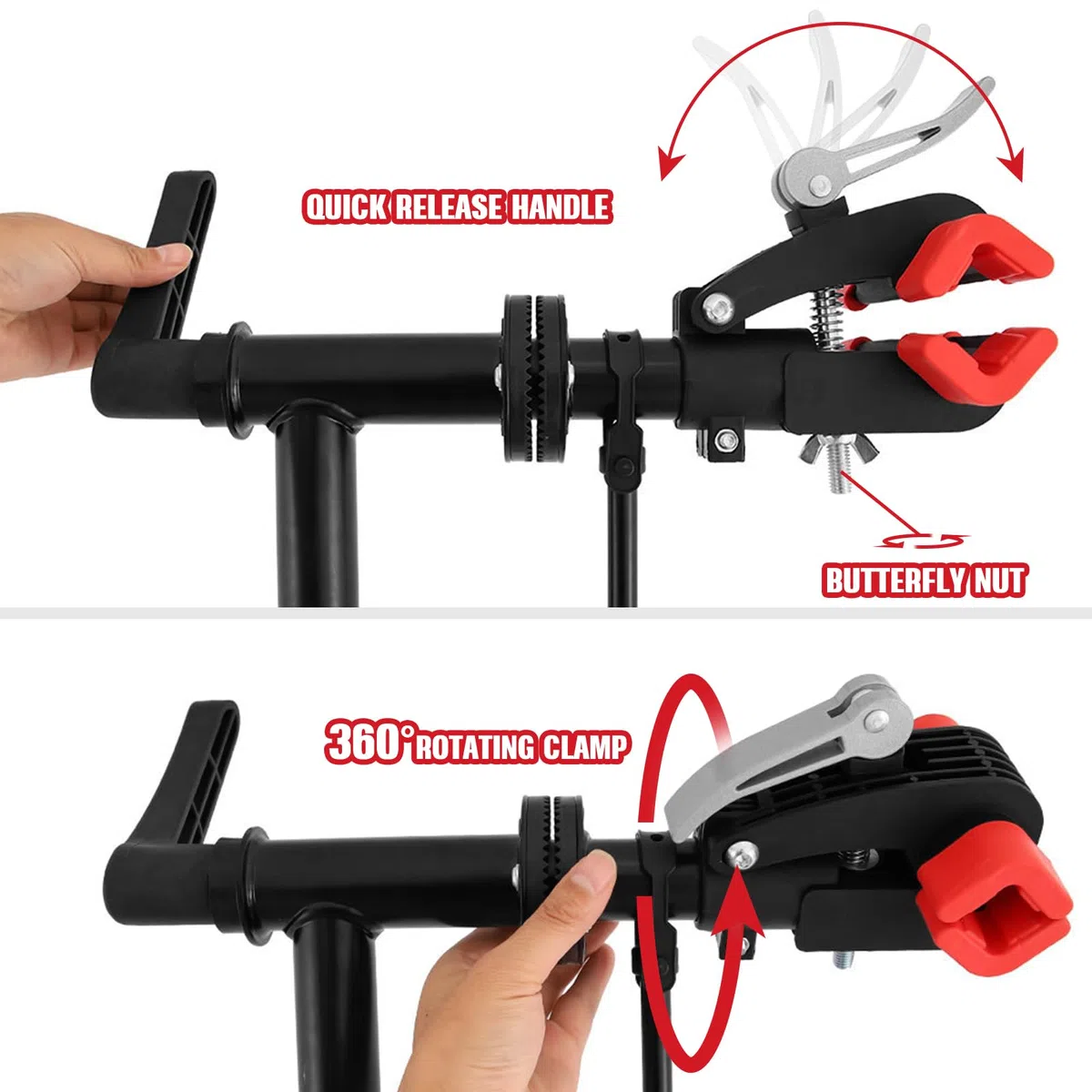 Soporte de reparación de bicicletas resistente con bandeja magnética para herramientas y guantes, estante plegable de mantenimiento de bicicletas de 50 kg con abrazadera giratoria de 360°
