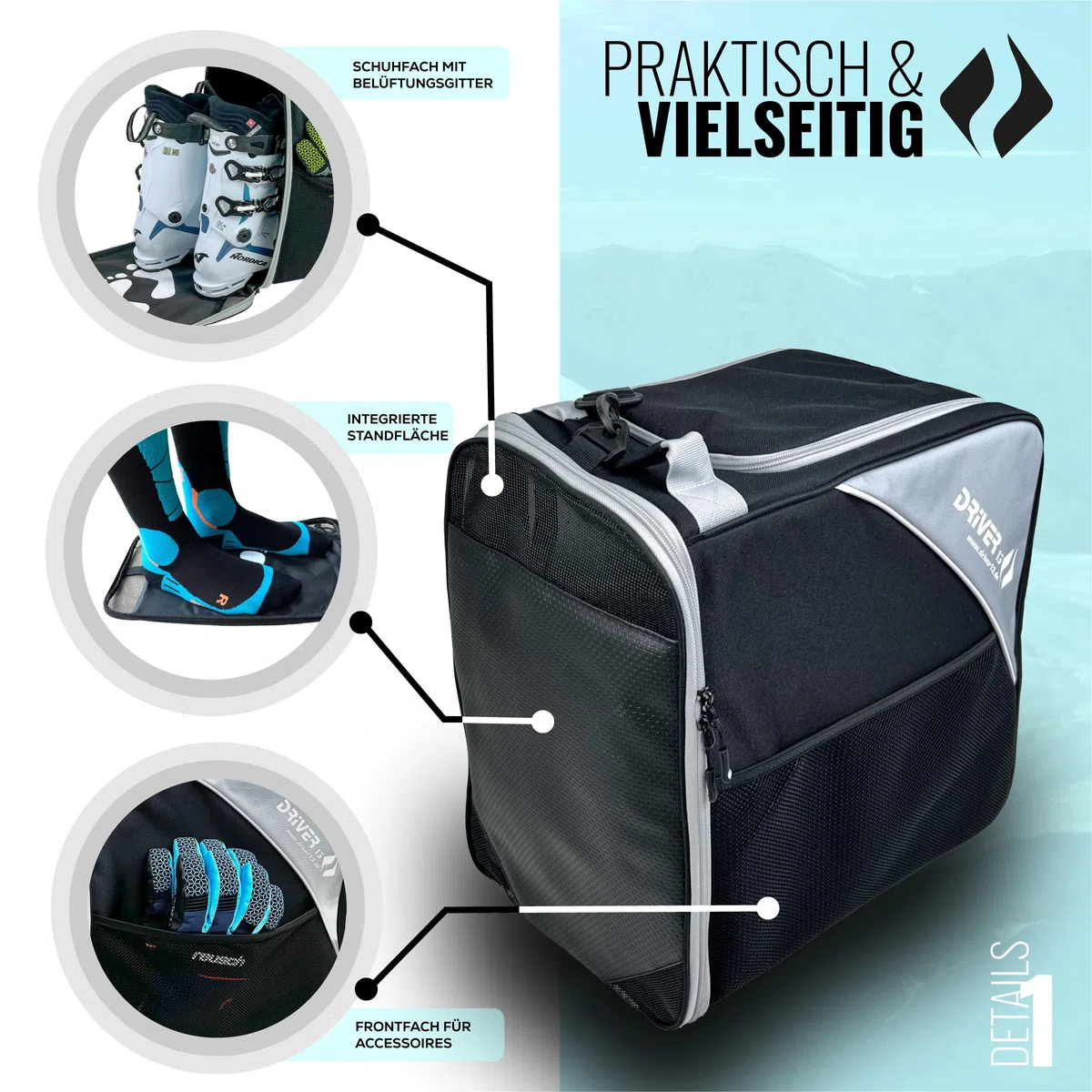 Driver13 ® Bolsa para Botas de Esquí con Compartimento para Casco, Negro-Gris