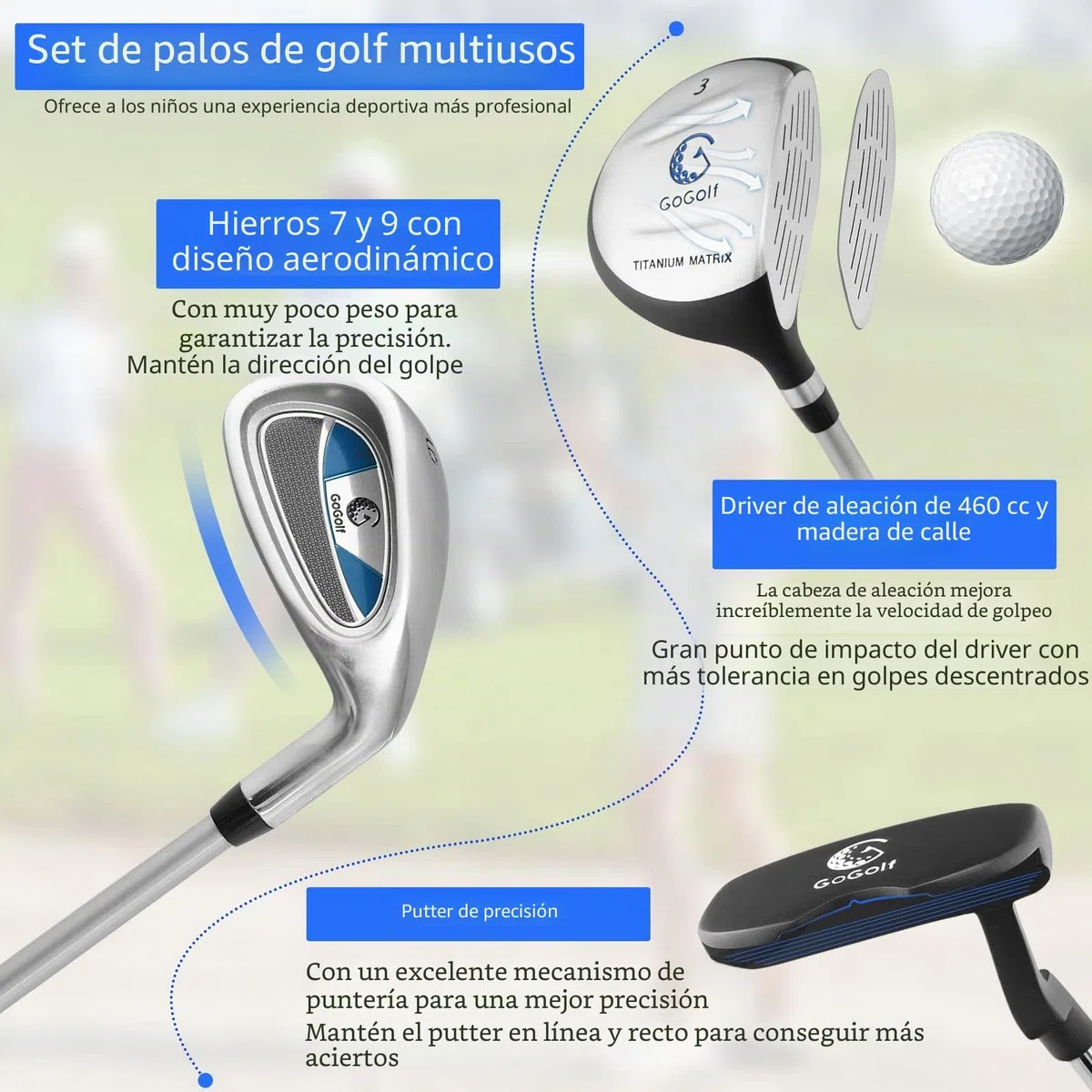 GYMAX Juego Completo de Palos de Golf para Niños de 8 a 10 Años, Golf Set Kids con Bolsa, con 1 Varilla de Madera, 2 Varillas de Hierro, 1 Varilla de Putting