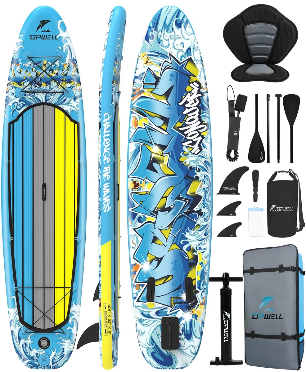 UPWELL Tabla de Paddle Surf Hinchable de 11'/10'6'' con Accesorios de Sup Que Incluyen Mochila, Kits de reparación, Cubierta Antideslizante, Asiento de Kayak, Correa, 3 Aletas, Remo y Bomba de Mano