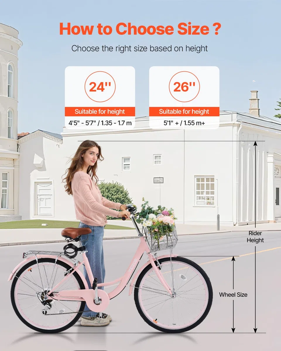 VEVOR Cruiser - Bicicleta de playa con 7 velocidades (diámetro del neumático 660,4 mm) con cesta grande y portaequipajes, bicicleta cruiser con asiento ajustable, para ciclismo, entrenamiento y