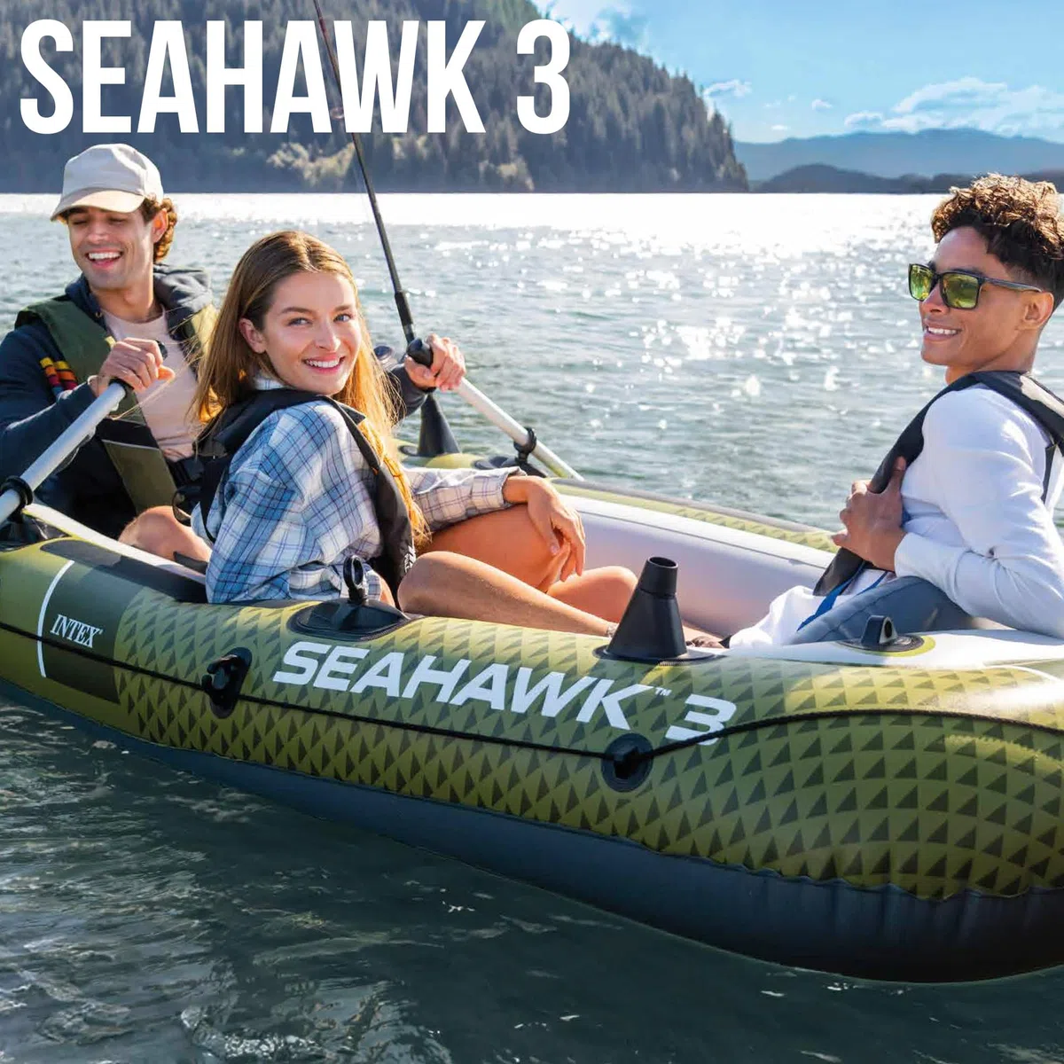 Intex Barca Hinchable, Modelo Seahawk 3, Mide 295x137x43 cm, Máx. 360 kg, para 3 Personas, Incluye remos y Asientos, Bomba de inflado, Parche reparación, 3 cámaras de Aire, Pesca o recreo (66333)