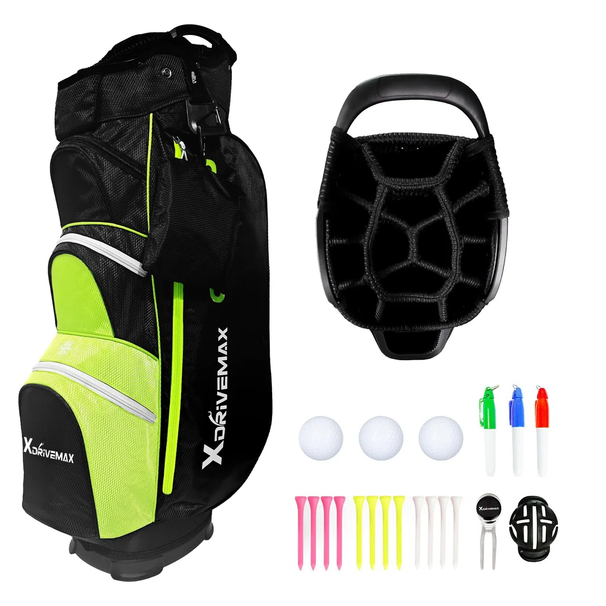 XDriveMax Bolsa de Carrito de Golf, 15 Divisiones para Hombres y Mujeres, Premium con Cubierta para Lluvia, Enfriador y Kit de Accesorios