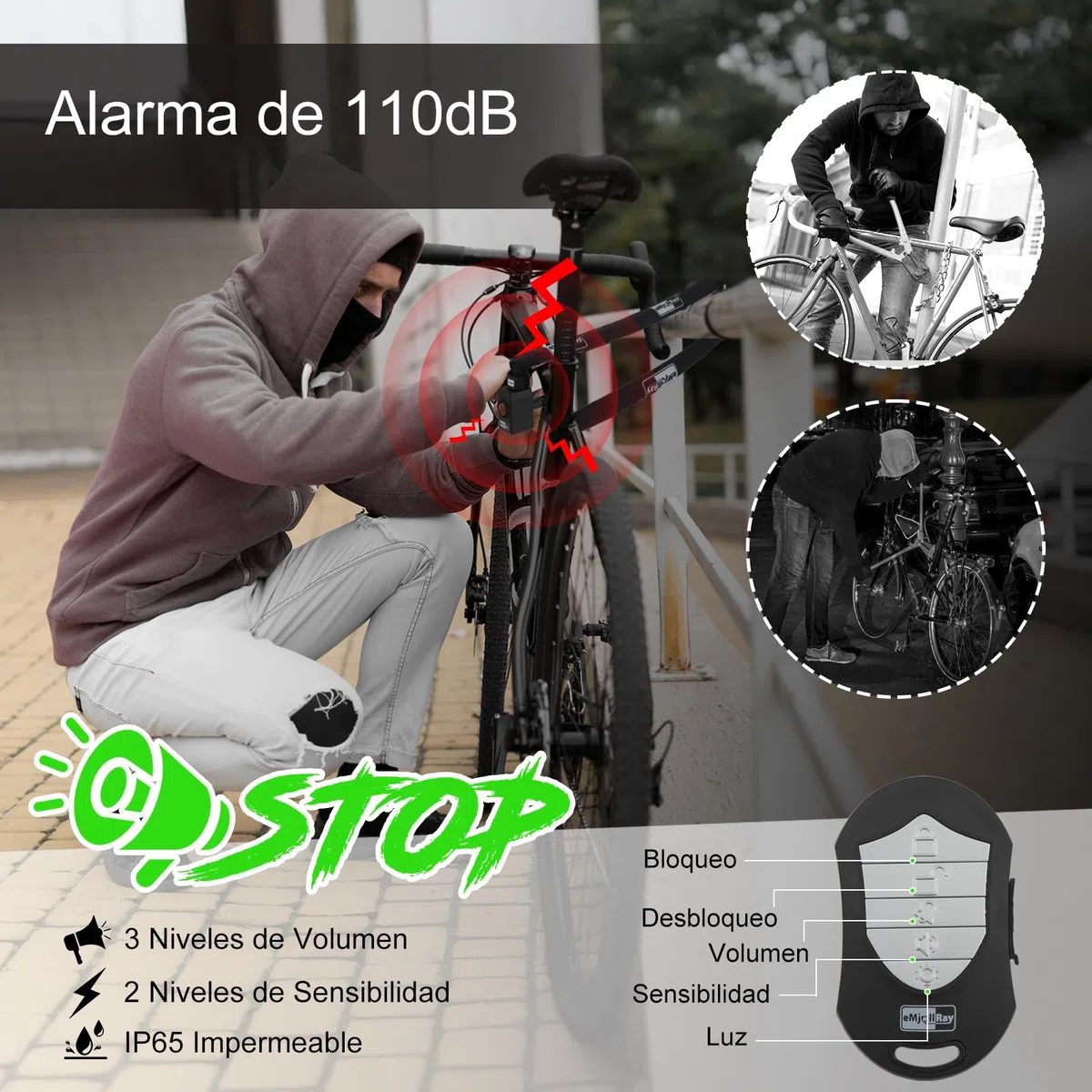 Candado de bicicleta con alarma de 120 cm, 110 dB, sistema de alarma para bicicleta eléctrica, motocicleta, candado con 2 mandos a distancia, 3 llaves, cable USB C, funda de silicona, funda