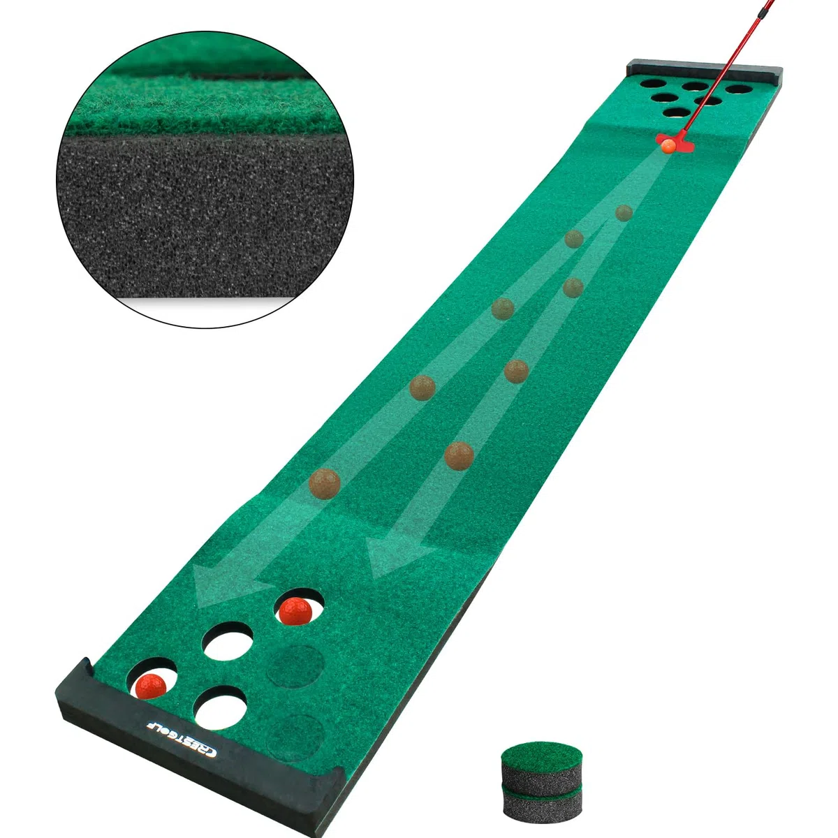 KOFULL Alfombrilla Putting Golf Alfombras de Entrenamiento (Incluye 2 putters + 6 Pelotas) para Practicar y Divertirte en casa o en la Oficina