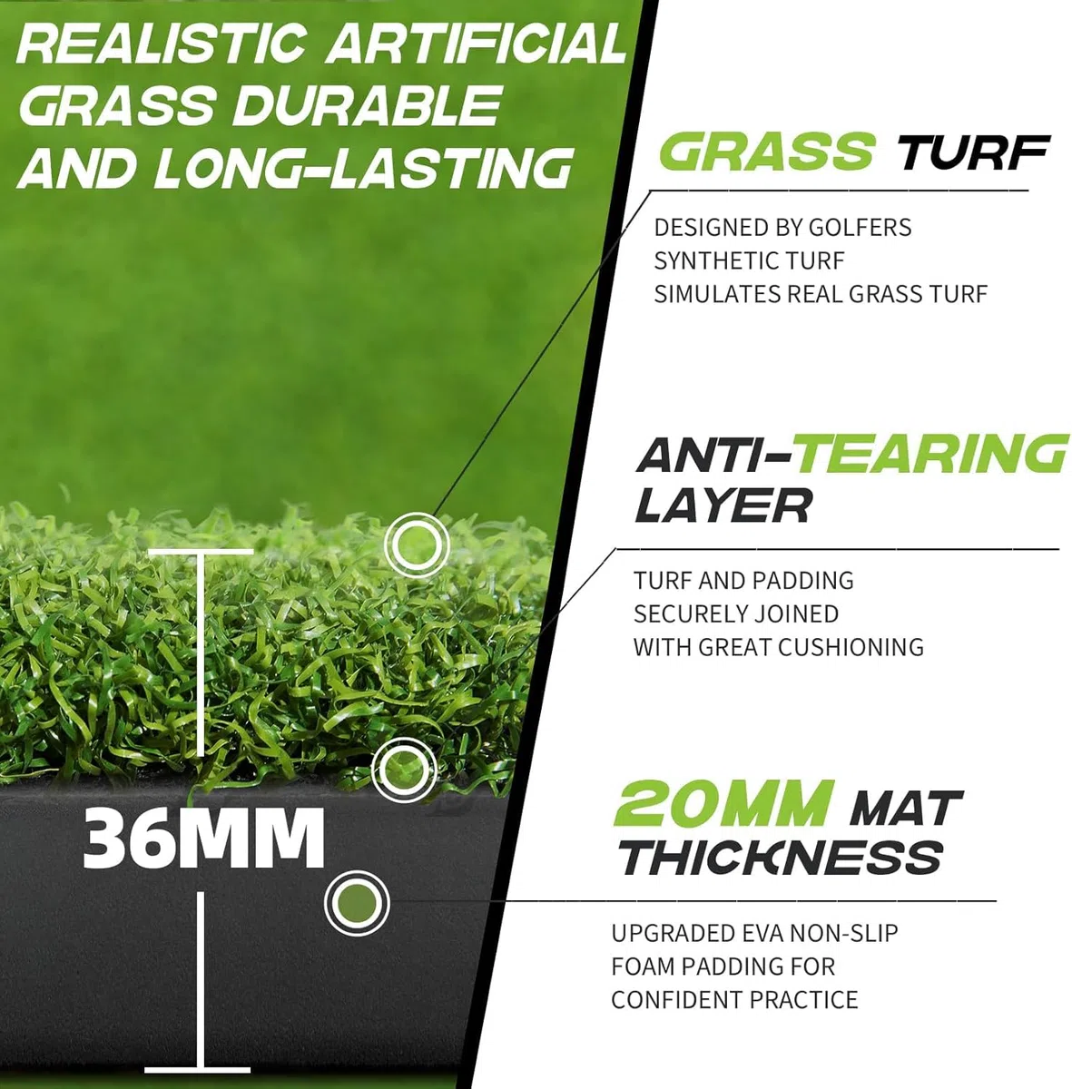 Alfombra de golf 150 x 117 cm, 6 posiciones de tee, césped artificial, verde, plegable, ideal para interior y exterior