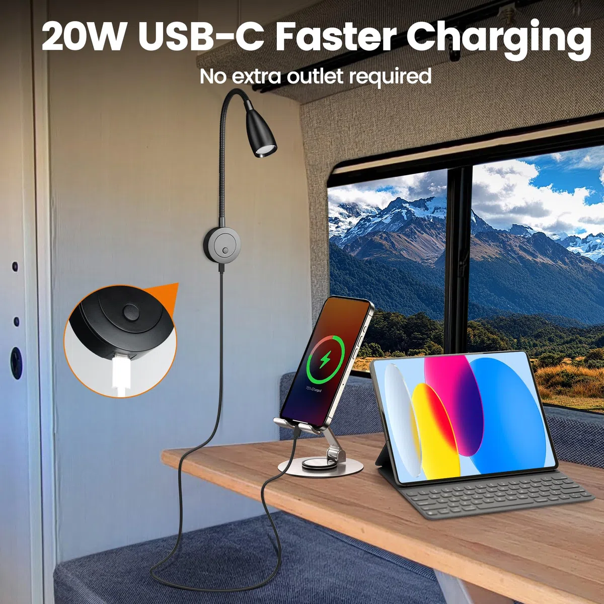 2W Lámparas de Lectura LED 12V/24V Autocaravana con Luz Blanca 4000K y Roja, USB-C 20W, Atenuar Luz de Lectura Liviana para Caravana, Campervan, Furgoneta, Barco, Yate, 2 pezzi (Negro)