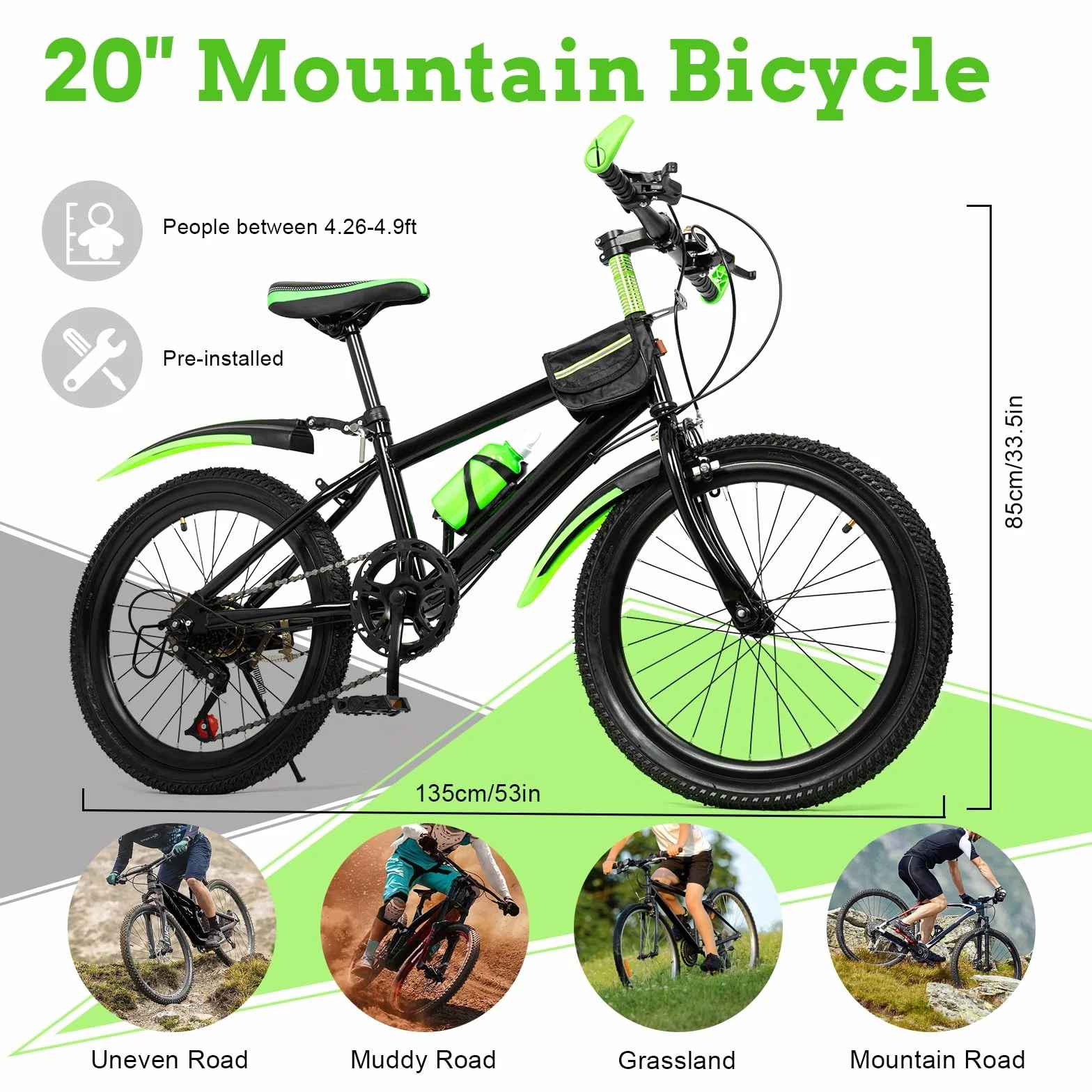 Bicicleta infantil de 20 pulgadas, bicicleta de montaña, bicicleta de montaña, bicicleta de 6 velocidades, bicicleta para niños, bicicleta juvenil, freno de disco doble, con campana de brújula y
