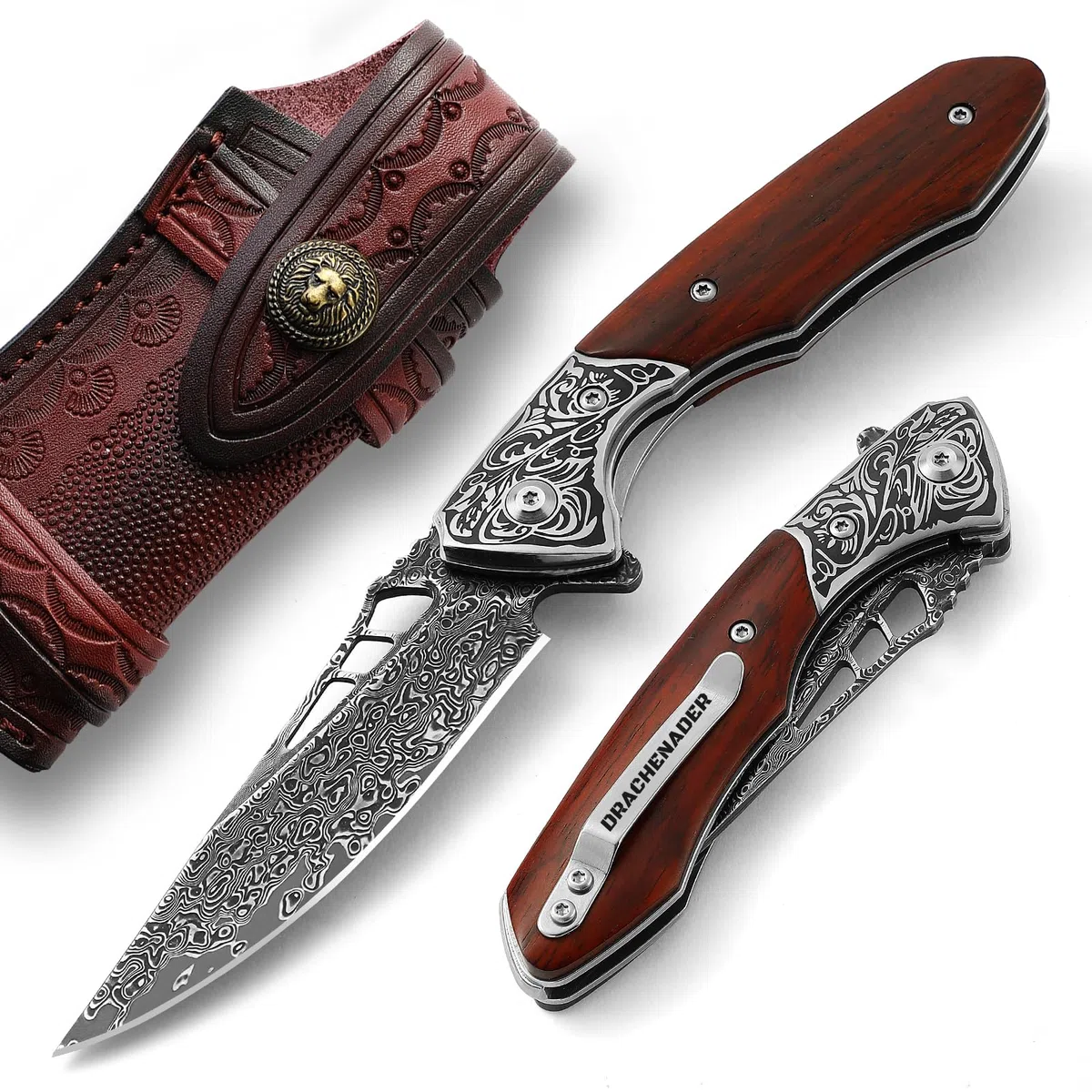 DRACHENADER navaja de bolsillo Damasco mango de madera Slim con funda de cinturón de cuero y clip de bolsillo, de cuchillo plegable de acero de Damasco, mango de madera