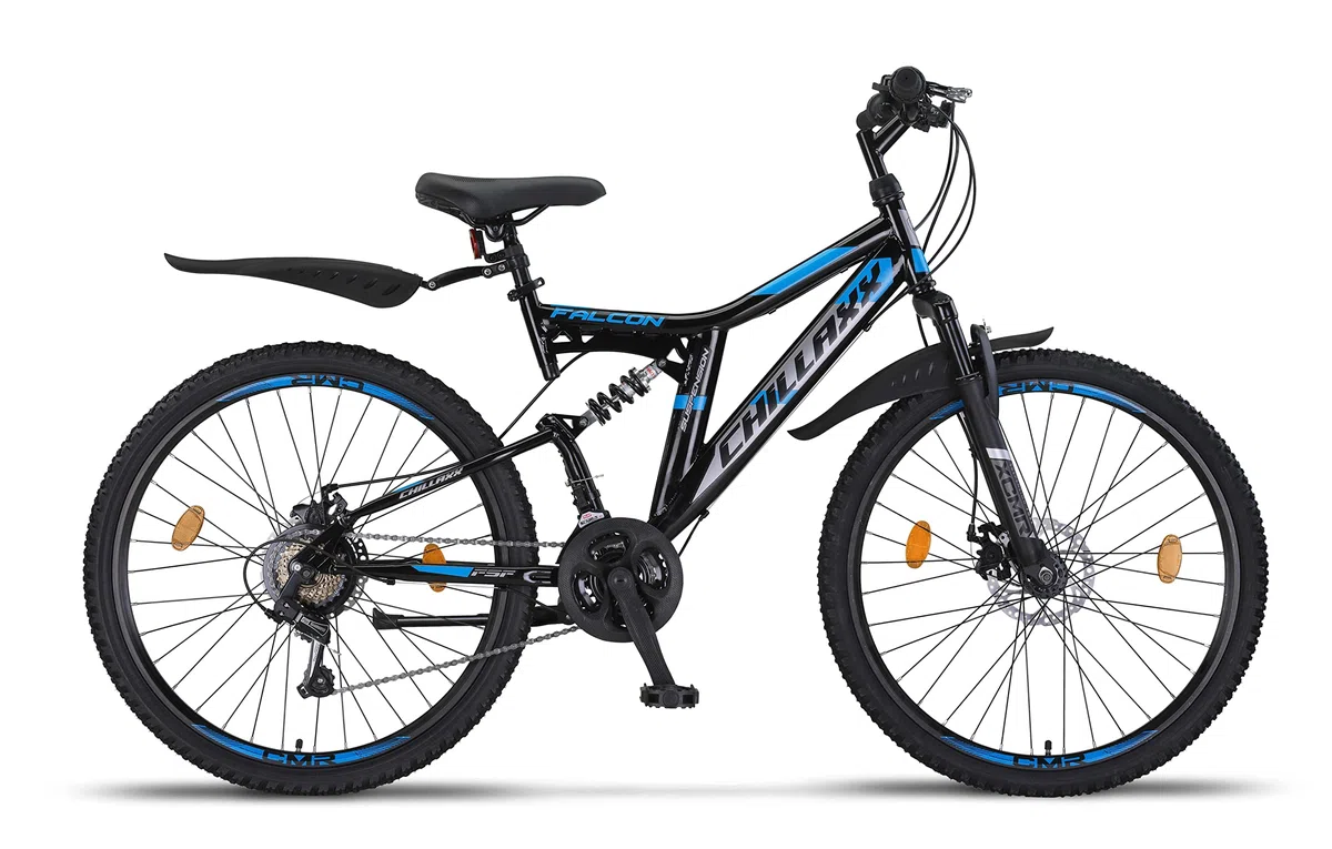 Chillaxx Bicicleta de montaña Falcon Premium de 24,26,27,5 y 29 pulgadas, bicicleta para niños, niñas, mujeres y hombres, freno de disco, cambio de 21 marchas, suspensión completa