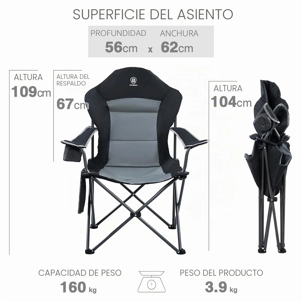 EVER ADVANCED Silla Camping 150kg Alta Silla Plegable Camping Acolchada Resistent Sillas Jardin Respaldo Silla Playa Plegabler Alto con Bolsillo y Portavasos Sillas Terraza Exterior Silla Director