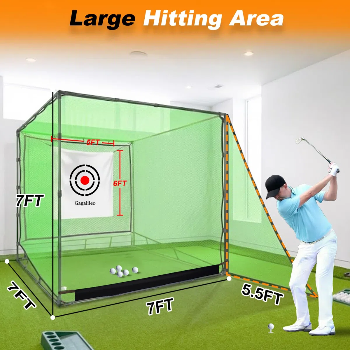 Galileo - Red de golf para entrenamiento de conducción, doble tope trasero con objetivos de ayuda al entrenamiento, red de retorno automático de bolas para jardín, 2,1 x 2,1 x 2,1 x 2,1 m, interior