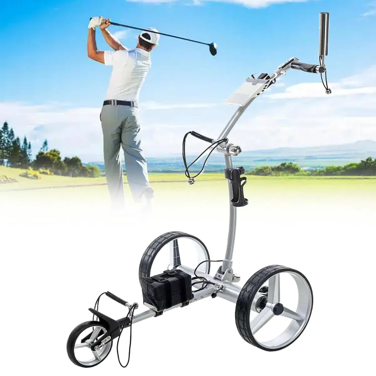 Carrito de golf eléctrico de 3 ruedas con control remoto, plegable con soporte para teléfono celular y soporte para paraguas, carrito de doble motor para un fácil transporte de golf
