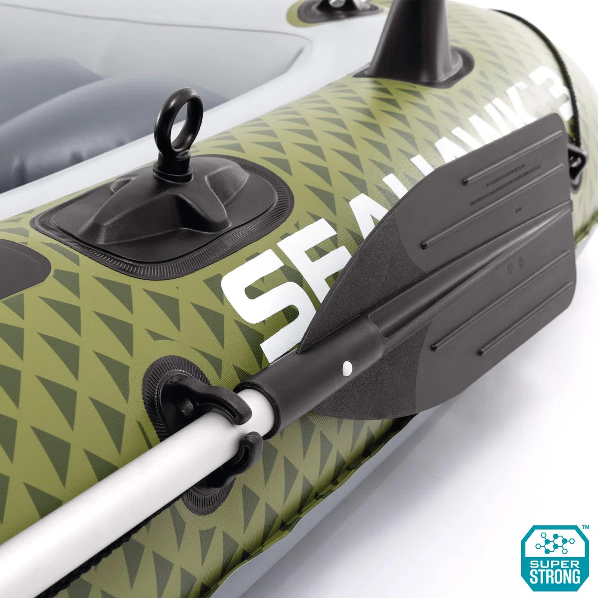 Intex Barca Hinchable, Modelo Seahawk 3, Mide 295x137x43 cm, Máx. 360 kg, para 3 Personas, Incluye remos y Asientos, Bomba de inflado, Parche reparación, 3 cámaras de Aire, Pesca o recreo (66333)