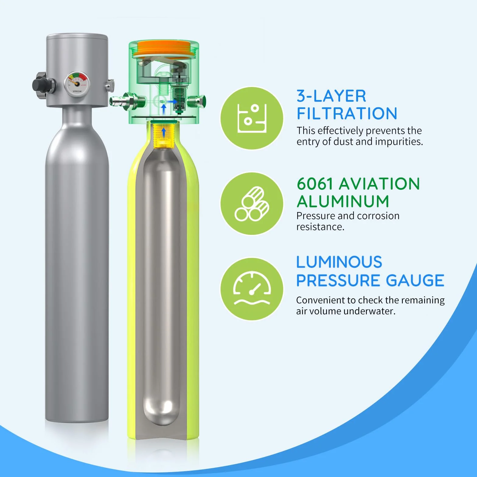 SMACO Mini Botella de Buceo 0,5 litros Portatil Bombona de Buceo para Respiración Subacuática Pequeñas Botella Submarinismo Tanque de Buceo Recargable para Viajes Nadar Rescate S300