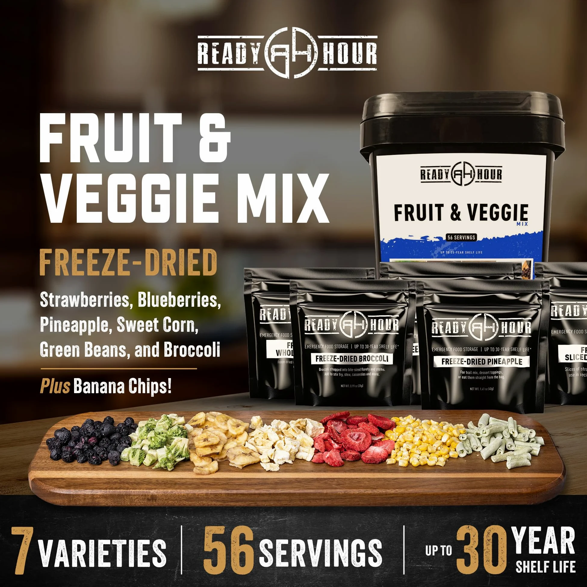 Ready Hour, Mezcla de frutas y verduras, alimentos liofilizados no perecederos, vida útil de 30 años, suministro de alimentos portátil de emergencia y aventura, recipiente duradero seguro para