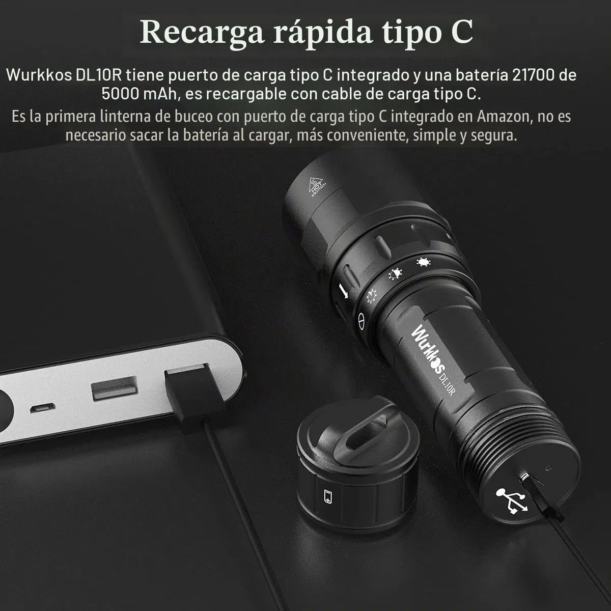 Linterna de buceo Wurkkos DL10R, 4500 lúmenes, recargable por USB C incorporado, LED XHP70.2, luz subacuática recargable IPX8 con fuente de alimentación de 5000 mAh