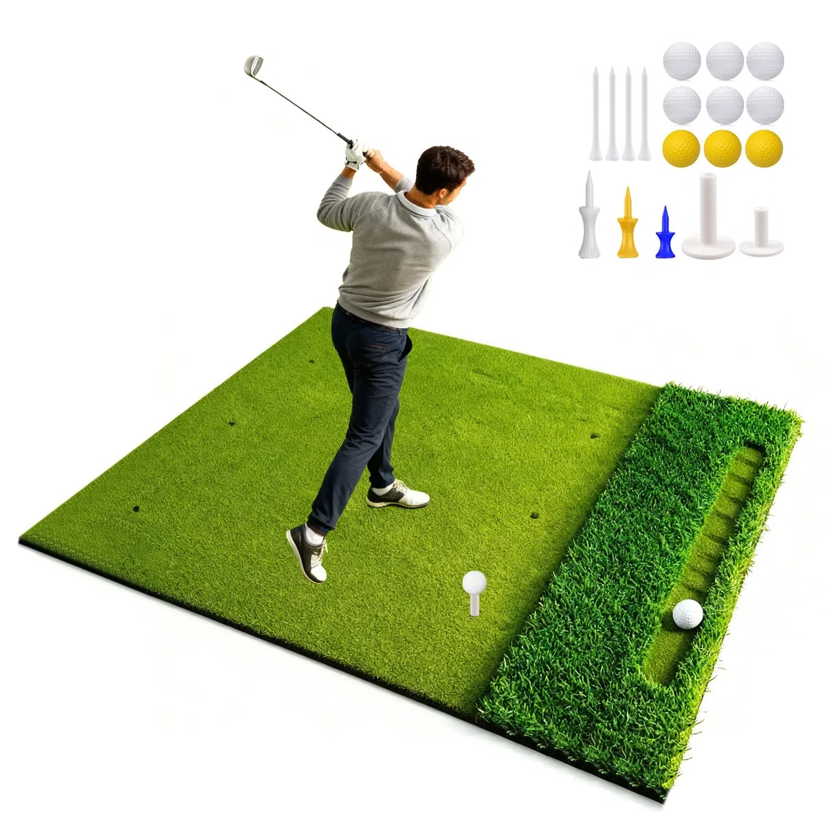 Alfombrilla de golf de 150 x 120 cm, con 40 mm de grosor y 16 mm Fairway Turf, acolchado de EVA de 10 mm, doble área de té y chipping, incluye 9 pelotas y tés, esterilla de práctica de golf extra