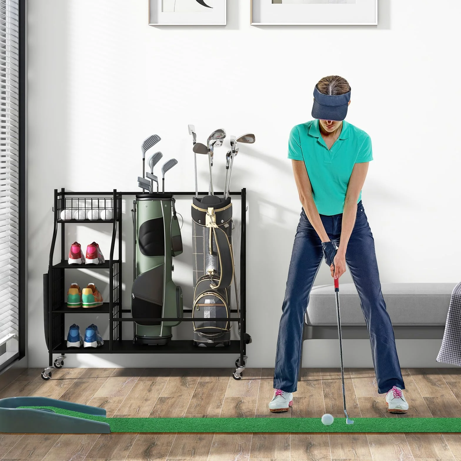 GOPLUS Organizador de almacenamiento para club de golf, estante de almacenamiento con ruedas bloqueables para 2 bolsas de golf y 8 palos de golf, 1 cesta, 3 estantes y 4 ganchos