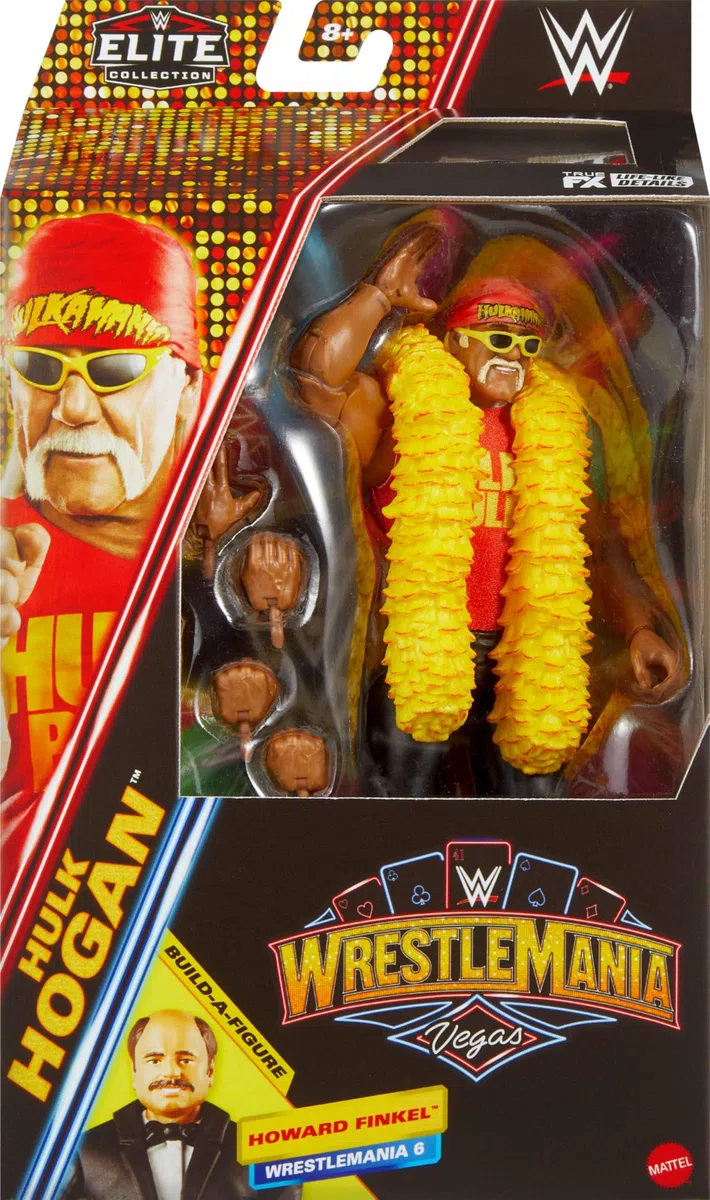 WWE Mattel Elite Collection - Figura de acción y Accesorios, Juego Premium de Hulk Hogan para Eventos en Vivo, Wrestlemania con Piezas de Howard Finkel Build-A-Figure