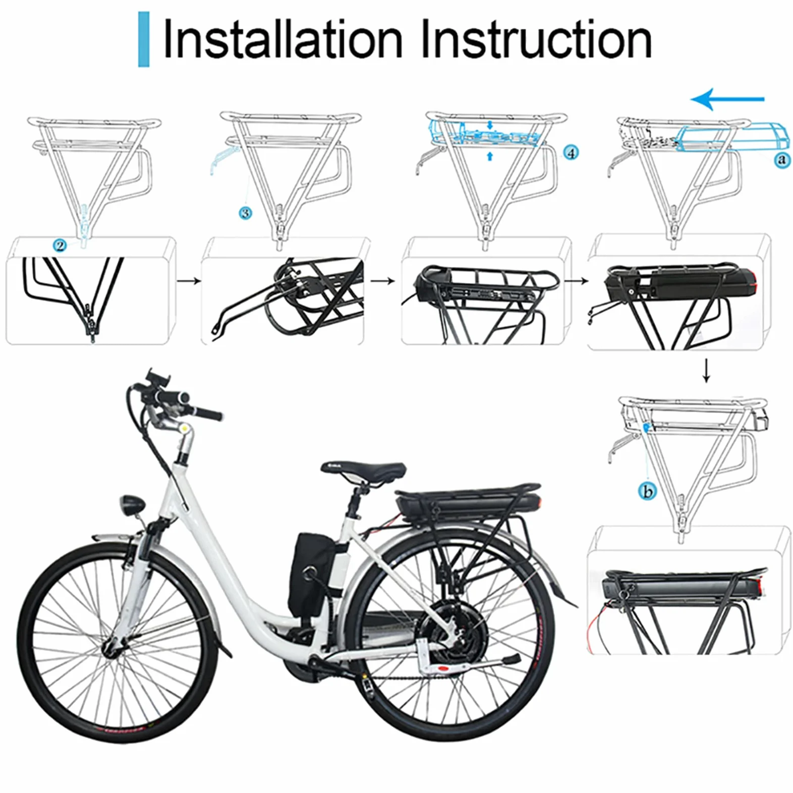 Batería de 36 V 15 Ah para bicicleta eléctrica con portaequipajes Pannier Rack, 250 W, 350 W, 550 W, para bicicletas Mifa, Aldi, Prophete, Rex con freno de V de 24/26/28 pulgadas
