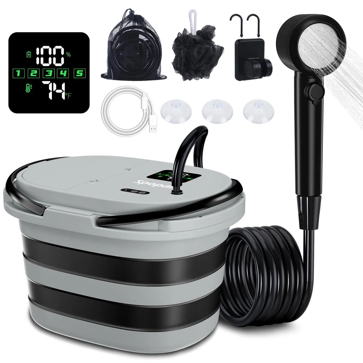 Spopal Ducha Portatil Camping, [13000mAh] [Pantalla Led] Bomba De Ducha Eléctrica y Cubo Plegable De 20L, Ajustable De 5 Velocidades, para Senderismo Al Aire Libre, Limpieza De Jardines Y Mascotas