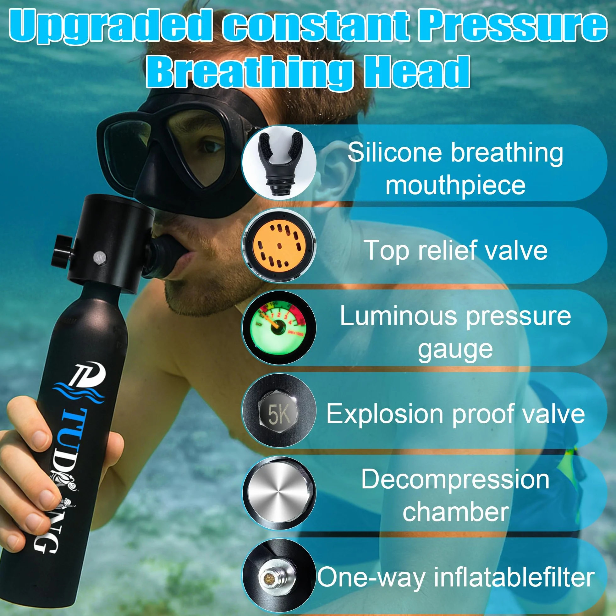 Kit de Tanque de Buceo TUDIVING de 0.5L, Mini Cilindro de oxígeno con máscara de Snorkel Facial Completa, Tanque pulmonar portátil con compresor de Aire
