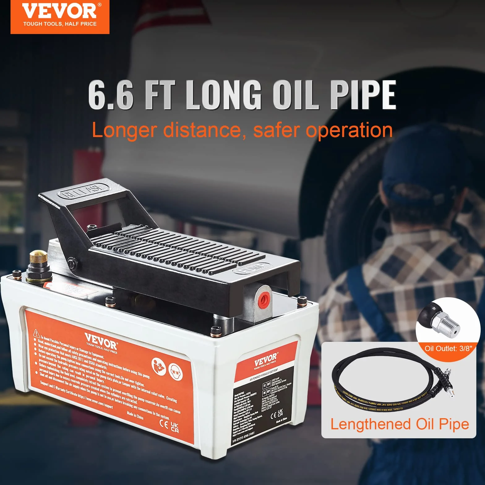 VEVOR Bomba de Aire Hidráulica 10.000 PSI Salida de Aceite NPT 3/8" Entrada de Aire NPT 1/4" Bomba Hidráulica de Pedal de Aire Tubo de Aceite de 2 m Bomba Hidráulica de Aire Accionada por Pie Gris