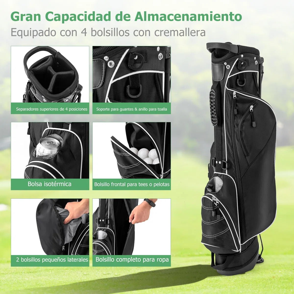 GYMAX Bolsa con Trípode de Golf, 4 Divisores, 4 Bolsillos con Cremallera, Correas de Hombro Ajustables, Bolsa de Golf Portátil con Cubierta Impermeable, Unisex Adulto