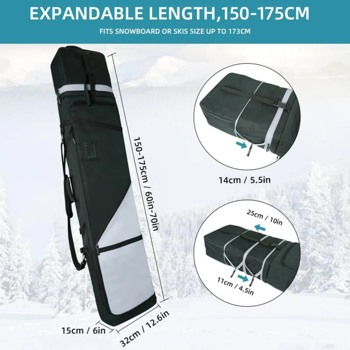 AUMTISC Bolsa de Snowboard Acolchada, Resistente con Forro Interior Impermeable, Correas Ajustables para el Hombro, Apta para Snowboard de 155 a 180 cm