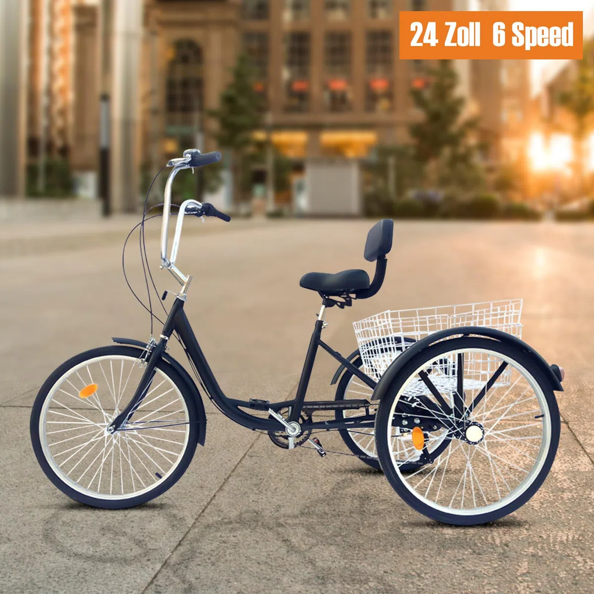 Bicicleta cruiser de 3 ruedas, bicicleta de tres ruedas para adultos, con soporte lumbar, 6 velocidades de 24 pulgadas, con cesta de la compra, triciclo, herramientas para turismo, para personas